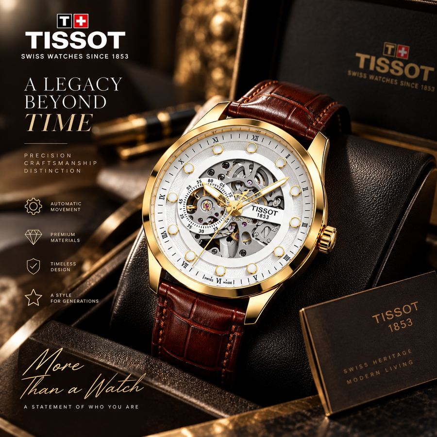 Luxury Gold Skeleton Automatic Watch – Brown Leather Strap