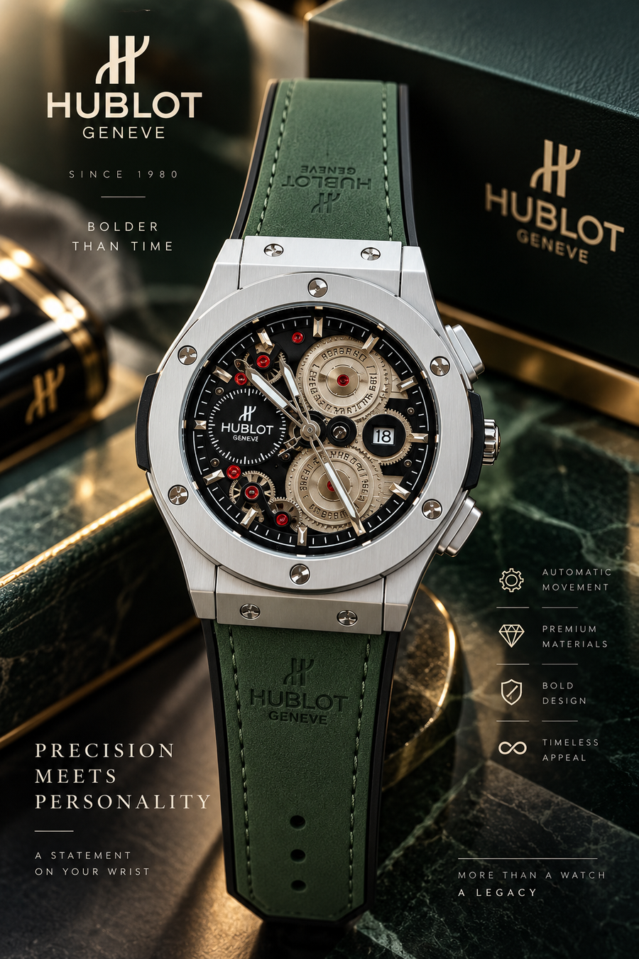 Luxury Automatic Green Leather Strap Chronograph Watch