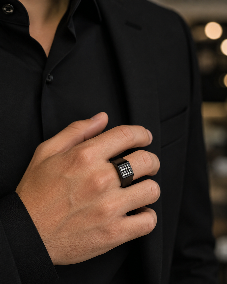 Men’s Black Crystal Signet Ring
